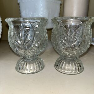 Vintage Avon Cut Glass Tulip Shape Tealight Votive Pineapple Candle Holder Pair